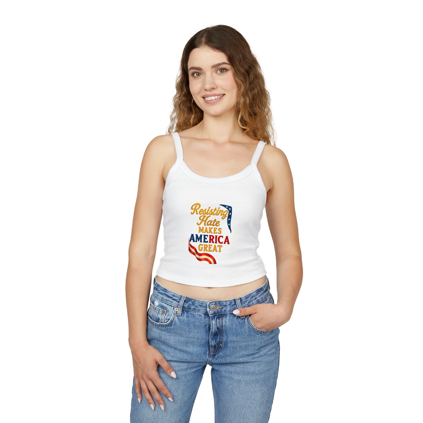 Patriotic Women's Spaghetti Strap Tank Top - "Resisting Hate Makes America Great"