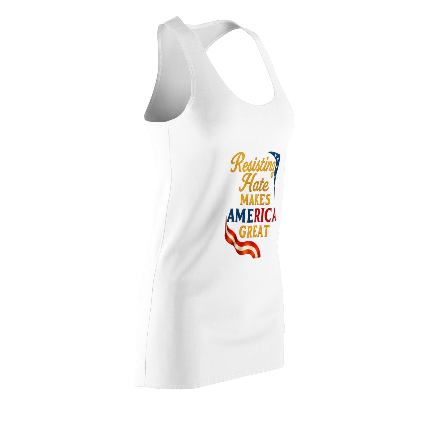 Resisting Hate Cut & Sew Racerback Dress | Patriotic Summer Apparel, Feminist Fashion, USA Independence Day Outfit, Activist Dress, [...]
